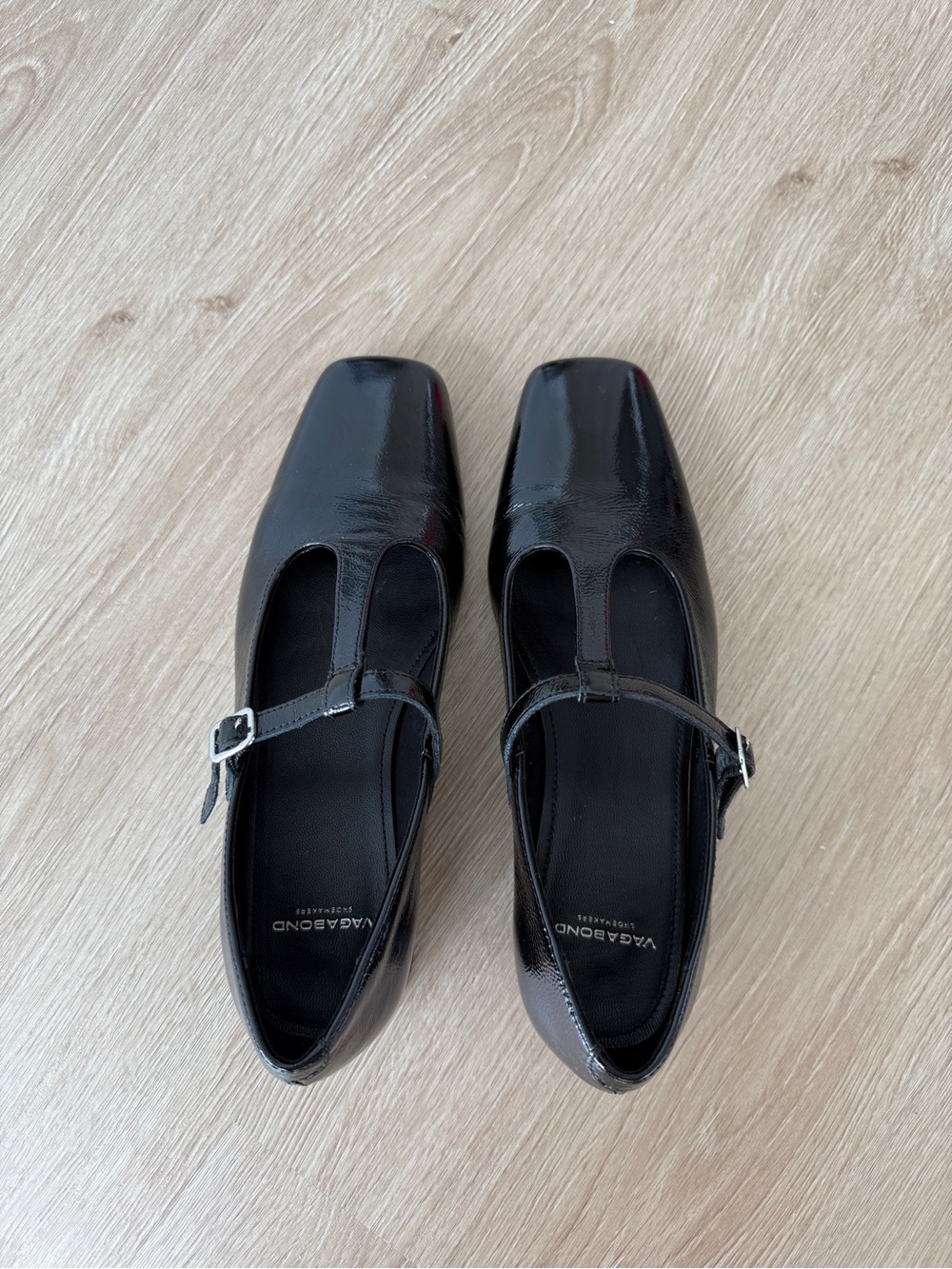 Vagabond Black Patent T-Strap Square-Toe Flats